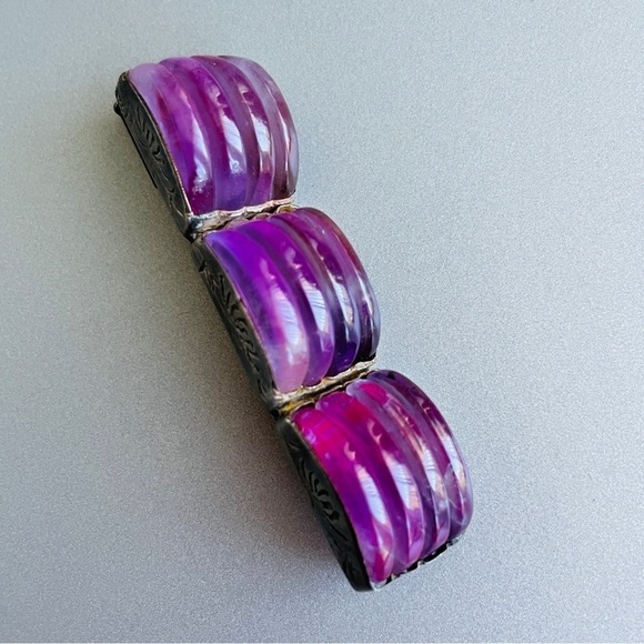 Antique Chinese Carved Amethyst Sterling Silver Ribbed Rectangle Pin Bro… - Picture 8 of 12